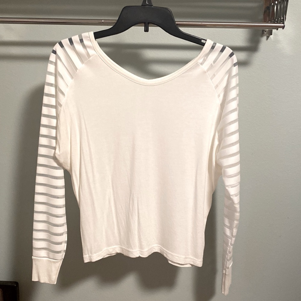 CCK Style Ecru Sheer Stripe Sleeve V Neck Shirt